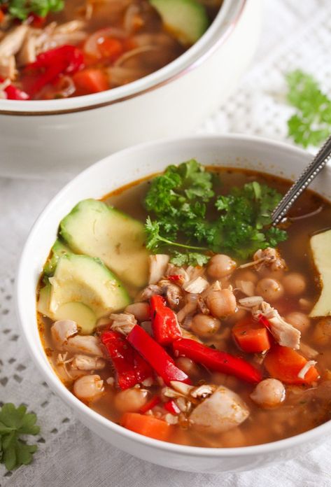 Mexican Chicken Soup with Avocado and Chickpeas#mexicanchickensoup #mexicansoup #mexicanrecipe #whereismyspoon #chickensoup Caldo Tlalpeno, Caldo Recipe, Recipe With Avocado, Mexican Chicken Soup, Pollo Recipe, Mexican Soup Chicken, Chicken Chickpea, Mexican Chicken Recipes, Chicken Rice Soup