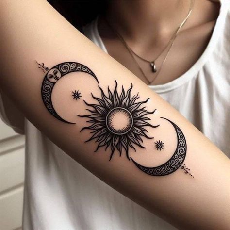 Wiccan Tattoos, Sun And Moon Tattoo, Mystical Tattoos, Moon Tattoo Designs, Gorgeous Tattoos, Cute Tattoos For Women, Sleeve Tattoos For Women, Elegant Tattoos, Feminine Tattoos