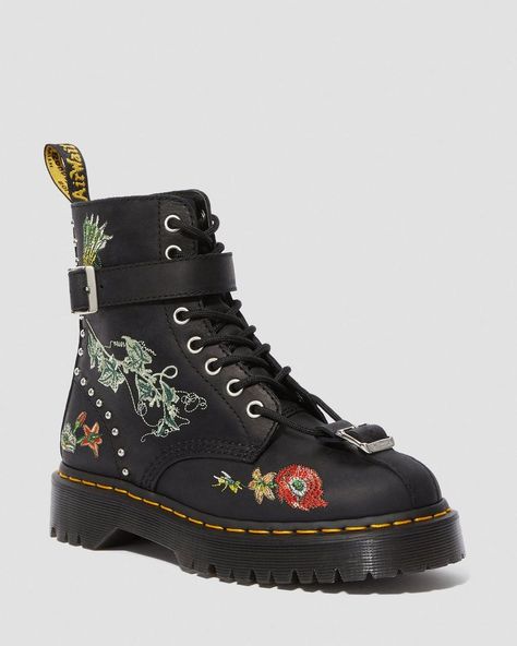 Our Gomez Wild Botanics boot is a classic Docs silhouette with a floral twist. The botanical embroidery has been designed in-house and the lace has been woven through eyelets, secured at the toe with a buckle. Built with durable Moldova leather. Moldova WP is a super-soft, textured leather with a light but oily feel and water resistant finish. Clean with a damp cloth and care with Dr. Martens Wonder Balsam Silver eyelets Built with core Dr. Martens DNA: grooved edges, an AirWair heel loop and vi Dc Martens, Red Doc Martens, Botanical Embroidery, Doc Martens Boots, Floral Boots, Boots Uk, Leather Lace Up Boots, Shoe Company, Designer Boots