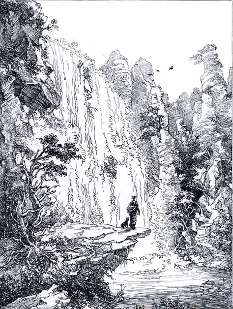 Dream by LotharZhou on DeviantArt Waterfall Drawing, Hatch Art, Forest Creek, Environment Inspiration, Engraving Projects, Ink Pen Art, Drawing Styles, Sketchbook Inspo, Pen Drawings