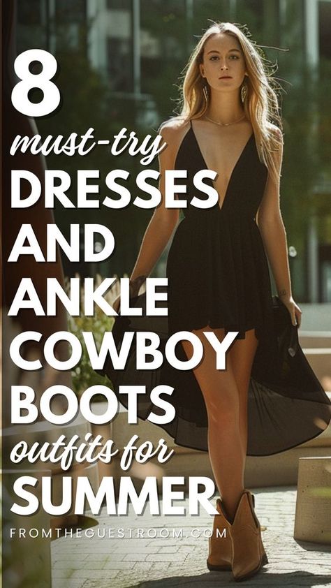 Step up your summer style with 8 trendy outfits featuring ankle cowboy boots and dresses. These combinations are perfect for adding a modern twist to your warm-weather wardrobe. | western outfits women | cowgirl outfits | cowgirl style outfits | cowgirl boots outfit | summer outfits 2024 | country outfits | cowboy boots outfit | dresses with cowboy boots | dress with cowboy boots | dresses to wear with cowboy boots | how to wear ankle cowboy boots | ankle cowboy boots outfit summer the dress Brown Ankle Cowboy Boots Outfit, How To Wear Short Cowboy Boots, Ankle Cowgirl Boots Outfit, Cowboy Ankle Boots Outfit, Boots And Dresses Outfit, Cowboy Booties Outfit, Cowboy Boots And Dresses Outfit, Ankle Boots Outfit Summer, Cowgirl Boots Outfit Summer