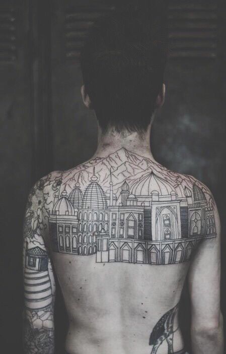 city tatoo, reminds me "The Grand Budapest Hotel" ! Black White Tattoos, City Tattoo, Muster Tattoos, Human Canvas, Architecture Tattoo, White Tattoo, Pattern Tattoo, Disney Tattoos, Back Tattoos