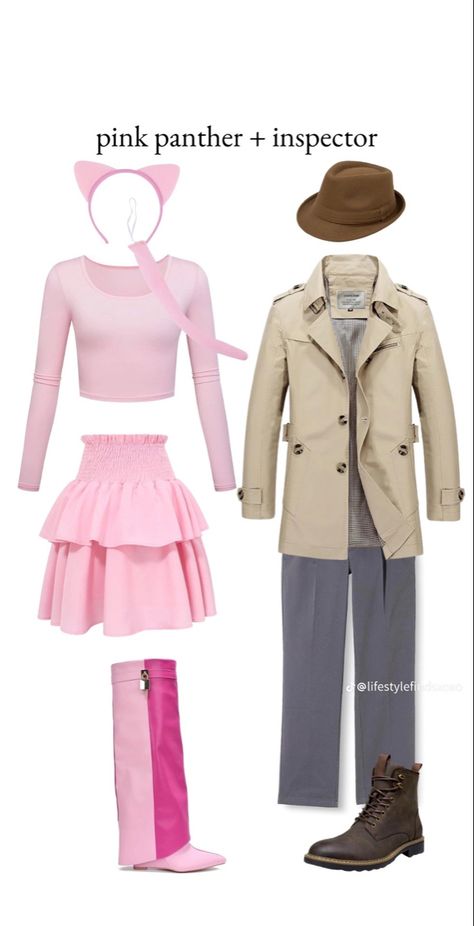 Throw Back Halloween Costumes, Pink Character Costumes, Pink Panther And Detective Costume, Pink Panther And Inspector Costume, Pink Panther Outfit, Pink Panther Couple Costume, Pink Panther Costume Women, Partner Costumes Friends, Pink Dress Halloween Costume