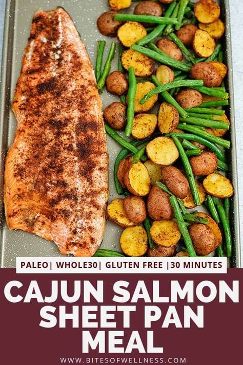 Cajun Salmon Sheet Pan Meal is a simple and healthy 30 minute meal with minimal clean-up! The perfect weeknight dinner meal, this easy recipe can even be made low carb! Gluten free, paleo, Whole30 and so filling! 30 Minute Meals Healthy, Cajun Salmon, Sheet Pan Dinners Recipes, Dinner Meal, Clean Eating Dinner, Healthy Clean Eating, Low Carb Gluten Free, Sheet Pan Dinners, Sheet Pan Recipes