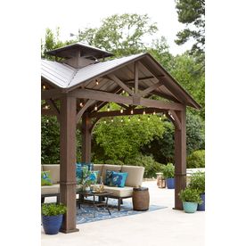 allen + roth Wood Looking Hand Paint Metal Square Semi- Gazebo Hang A Hammock, Galvalume Roof, Metal Gazebo, Permanent Gazebo, Galvanized Roofing, Outdoor Extension, Hot Tub Gazebo, Gazebo Ideas, Gazebo Plans