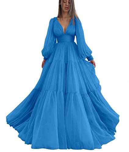 Blue Prom Dress Long Sleeve, Prom Dresses Long Tulle, Puffy Sleeve Prom Dress, Royal Blue Prom Dress Long, Blue Prom Dress Long, Plus Size 2023, Prom Dress Long Sleeve, A Line Ball Gown, Prom Dresses V Neck