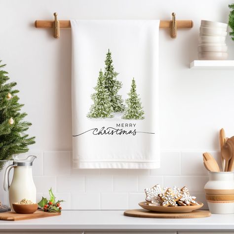 Winter Tea Towels, Watercolor Christmas Trees, Christmas Tea Towels, Farmhouse Winter Decor, Winter Kitchen, Winter Tea, Watercolor Christmas Tree, Christmas Kitchen Towels, Christmas Dishes