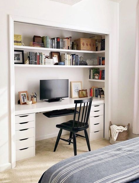 Office In A Closet, Closet Office Ideas, Cloffice Ideas, Closet Nook, Closet Conversion, Closet Desk, Desk Nook, Guest Bedroom/office, Home Office Closet