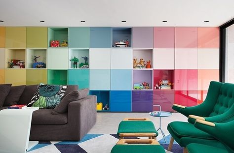 DM House by Studio Guilherme Torres on Behance Colour Blocking Interior, Colorful Walls, Vibrant Living Room, Playroom Storage, Colourful Living Room, Quirky Home Decor, Design Del Prodotto, Best Interior, Decoration Design