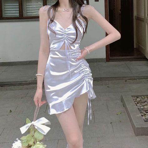 Satin Ruched Dress, Sundress Party, White Bodycon, White Bodycon Dress, Y2k Aesthetic Outfits, Korean Fashion Dress, Ladies Dresses, Silky Dress, Bodycon Dress Parties