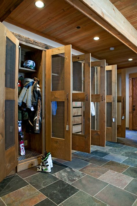 High Camp Home Grouse Ridge - Ski Storage Locker Room Rustic Entry, Ski Room, Mudroom Lockers, Hunting Room, Mud Room Storage, Revere Pewter, Ski House, Hunting Lodge, Interior Painting