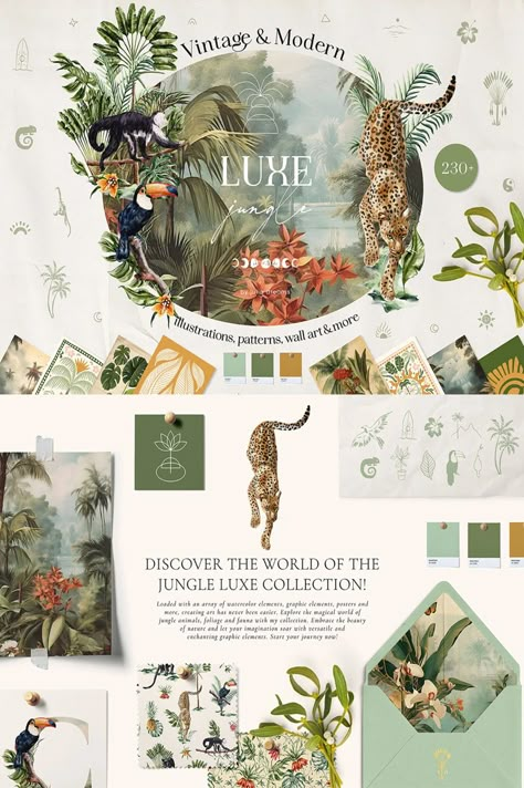 Jungle Luxe Watercolor Tropical Collection Graphics Floral Package Design, Tropical Illustration Art, Jungle Packaging, Graphic Design Nature Inspired, Jungle Branding, Tropical Graphic Design, Tropical Packaging, Jungle Map, Tropical Moodboard