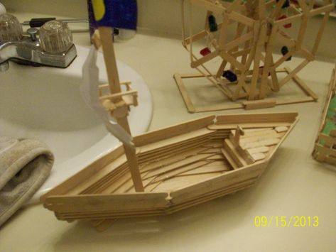 craft stick boat Popsicle Stick Boat, Cardboard Pirate Ship, Boat Craft, Popsicle Stick Houses, Cardboard Crafts Kids, Egg Baby, Boat Crafts, Working Boat, Make A Boat