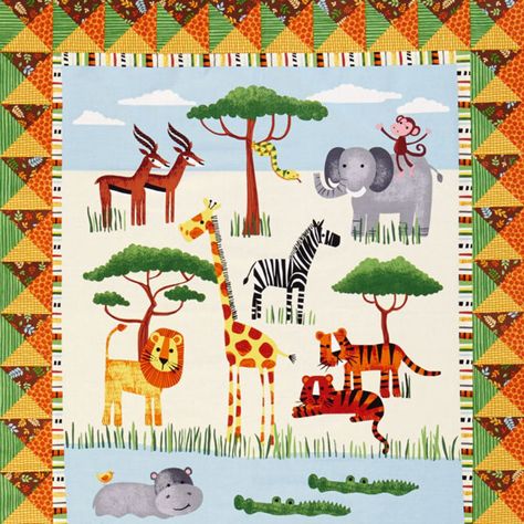 Go wild! A jungle-inspired printed panel is the starting point for this  adorable kids quilt. Fabrics are from the Safari Adventures collection by  Deborah Edwards for Northcott [1].   [1] http://northcott.net Safari Baby Quilt, Quilts For Kids, Themed Quilts, Handmade Crib, Blue Jean Quilts, Quilt Panels, American Patchwork And Quilting, Quilted Projects, Panel Quilt Patterns