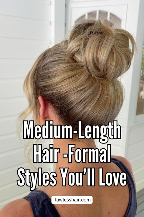 High Relaxed Bun Medium Hair High Bun, High Elegant Bun, Up Dos For High Neck Dress, Hair Do For Halter Dress Style, Updo For Halter Dress, Hairstyles Halter Dress, Halter Dress Hair, Hairstyle For High Neck Dress, Formal High Bun