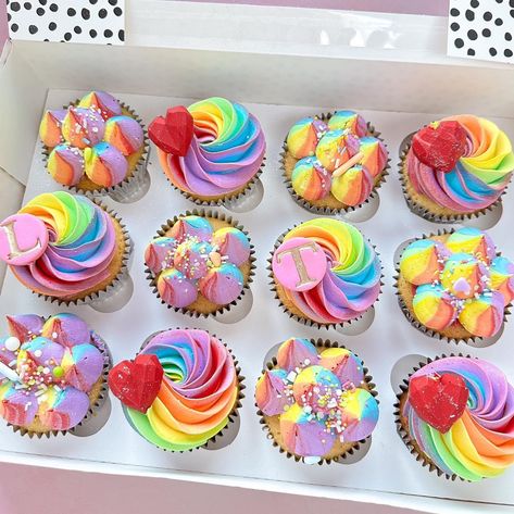 2 Sweet Birthday Cupcakes, Rainbow Cupcakes Pastel, Candyland Cupcakes Ideas, Rainbow Unicorn Cupcake Cake, Candyland Birthday Cupcakes, Colorful Birthday Cupcakes, Sweet One First Birthday Theme Candy, Two Sweet Party 2nd Birthday Cupcakes, Pastel Rainbow Party Food