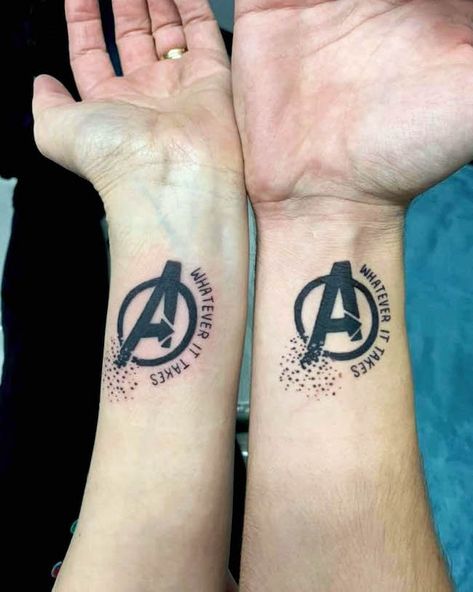 Matching Avengers Tattoo, Avengers Matching Tattoos, Mother Son Marvel Tattoos, Avengers A Tattoo, Avengers Tatoos, Marvel Best Friend Tattoos, Fantastic Four Tattoo, Cute Tattoos For Friends, Cute Marvel Tattoos