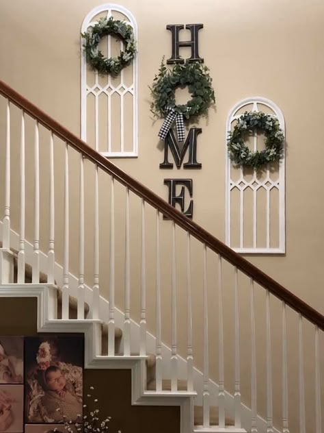 Wall Up The Stairs Decor, Modern Farmhouse Stairway Wall Decor, Above Front Door Decor Interior Foyer, Wreaths For Living Room Wall, Farmhouse Wall Decor Hallway, Farmhouse Stairwell Decor, Farmhouse Stairway Wall Decor, Above Front Door Decor Interior, Entry Wall Decor Ideas Front Entrances