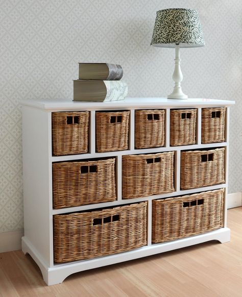 Wicker Basket Storage Unit, Wicker Dresser, Large Chest Of Drawers, White Chest Of Drawers, Drawer Storage Unit, Wooden Storage Cabinet, White Storage, Wicker Decor, White Chests