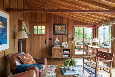 Douglas Lake, Stinson Beach, Exterior Stairs, Butcher Block Countertops, Leather Dining, Woodworking Designs, Architectural Digest, Cabin Decor, Wood Paneling