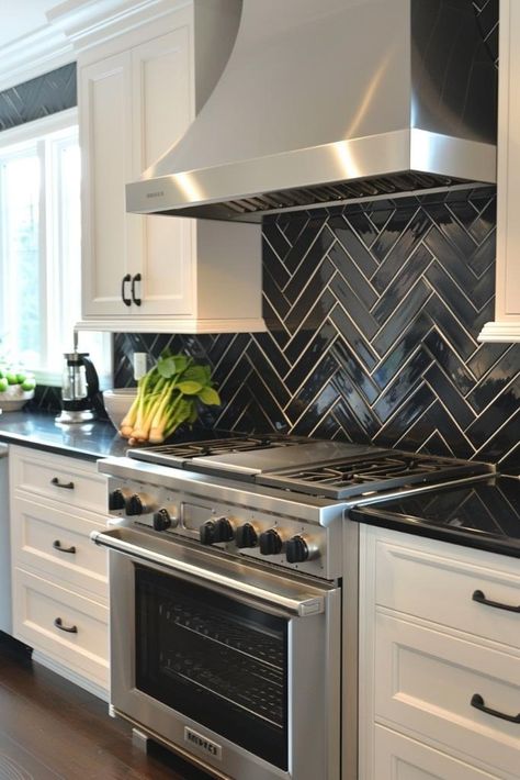 22 Herringbone Subway Tile Backsplash Ideas: Must-Try Designs! Black Herringbone Kitchen Backsplash, Subway Tile Patterns Kitchen, Herringbone Backsplash Subway Tile, Herringbone Backsplash White, Fireplace Herringbone Tile, Harringbone Tile, Subway Tile Backsplash Ideas, Herringbone Subway Tile Backsplash, Herringbone Backsplash Kitchen