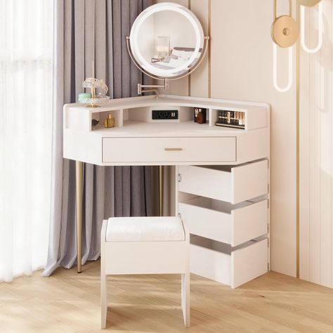 PRICES MAY VARY. 【Perfect Vanity Set】The White Corner Make-up Table is the perfect addition to the corner of your bedroom. The vanity set with stool is an essential piece of furniture in your bedroom! With a large smooth table top, 1 large drawer and 3 small drawers, it provides plenty of storage space for you to keep your cosmetics, jewelry and other small items. This dressing table decorates your home with its stylish looks. 【Extendable Mirror with 3 Colors of LED Lights】The mirror is 360° mov Corner Makeup Vanity, Corner Dressing Table, Lighting Makeup, Mirror Lighting, Small Dressing Table, Space Saving Bedroom, Dressing Table With Drawers, Corner Vanity, Closet Vanity