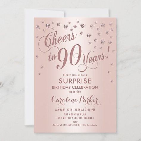 $2.35 | Surprise 90th Birthday Party - Rose Gold #surprise 90th birthday, cheers to 90 years, 90th birthday invitation, surprise party, elegant birthday, confetti, diamonds, rose gold foil, rose gold, rose gold 90th Rose Gold Invitation, 18th Birthday Invitations, Surprise 50th Birthday Party, Surprise 30th Birthday, 90th Birthday Invitations, 60th Birthday Party Invitations, 18th Birthday Ideas, 30th Birthday Party Invitations, 40th Birthday Party Invites