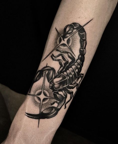 Tattoo Themes, Elbow Tattoos, Scorpion Tattoo, Bicep Tattoo, Creepy Crawlies, Black Ink Tattoos, April 6, Dope Tattoos, Star Tattoos