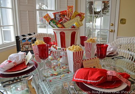 Children’s Party Table for Movie Night, The 178th Tablescape Thursday Deco Disney, Movie Themed Party, Parties Ideas, Movie Night Party, Dinner And A Movie, Party Table Settings, Simple Centerpieces, Hollywood Party, Teen Party