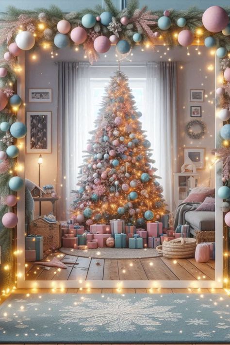 Swap bold hues for gentle tones with a pastel-decorated tree. Discover how to create a whimsical, candy-colored Christmas centerpiece. Pastel Christmas Tree, Christmas Tree Colour Scheme, Dreamy Christmas, Silver Garland, Coordinates Gift, White Fairy Lights, Pastel Christmas, Party Deco, White Ornaments