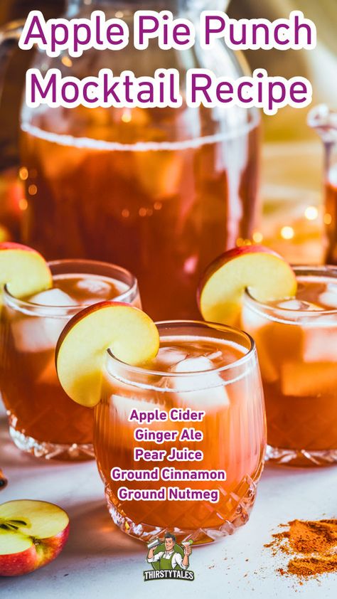 "Discover the perfect blend of flavors with this Apple Pie Punch Mocktail recipe! Ideal for fall gatherings, this non-alcoholic cocktail combines the warm spices of apple pie with refreshing ingredients. Perfect for autumn beverage ideas, this festive punch recipe is a must-try for your next celebration. Enjoy easy mocktail recipes that everyone will love, making it a standout among fall drink recipes. Cheers to delicious sips this season!" Mocktails Non Alcoholic Thanksgiving, Apple Pie Drink Alcohol, Thanksgiving Drinks Non Alcoholic, Apple Pie Punch, Fall Party Drinks, Punch Mocktail, Fall Drinks Alcohol, Apple Pie Drink, Fall Punch Recipes