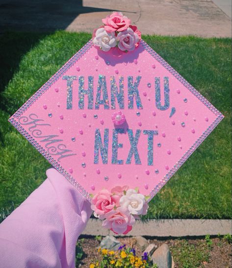 Thank U Next Graduation Cap, Thank You Next Graduation Cap, Graduation Cap Designs Ariana Grande, Karol G Graduation Cap, Pink Graduation Cap Ideas, Clueless Graduation Cap, Dance Graduation Cap, Ariana Grande Graduation Cap, Sanrio Graduation Cap