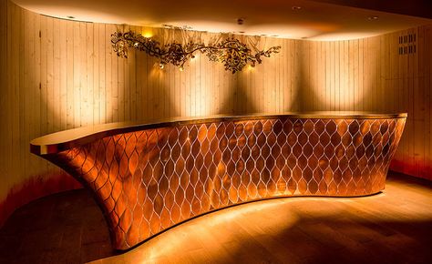 This Bar Was Designed With A Skin Of Copper Scales Hostess Desk, Tord Boontje, Ketel One Vodka, Bar Counter Design, Ketel One, Copper Bar, Reception Counter, Model House, Counter Design