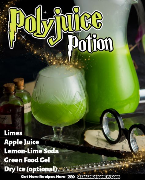 Harry Potter Polyjuice Potion - This magical Polyjuice Potion drink is the perfect Harry Potter themed party punch. Green, fizzy and extremely easy to make punch recipe that your party guests (known as muggles) will obsess over. Make this at your next Harry Potter Party! Harry Potter Themed Drinks Non Alcoholic, Harry Potter Polly Juice Potion, Harry Potter Mocktail Drinks, Mocktails Non Alcoholic Harry Potter, Potion Drinks Halloween, Food From Harry Potter, Harry Potter Mock Tails, Poly Juice Potion Recipe, Harry Potter Drinks Nonalcoholic