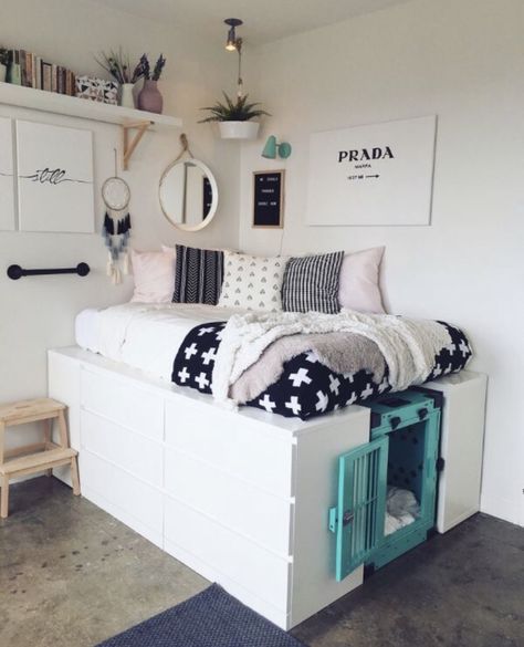 vsco- goodlife- Ikea Storage Bed Hack, Ikea Storage Bed, Cool Dorm Rooms, Decor Ikea, Ikea Bed, Cute Bedroom Ideas, Girl Bedroom Designs, Ikea Storage, Teen Room Decor