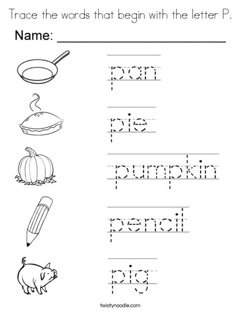 Trace the words that begin with the letter P Coloring Page - Twisty Noodle Letter P Coloring Page, Letter P Worksheets, Letter S Worksheets, Handwriting Worksheets For Kids, P Alphabet, Elementary Worksheets, Writing Practice Sheets, Twisty Noodle, Alphabet Words