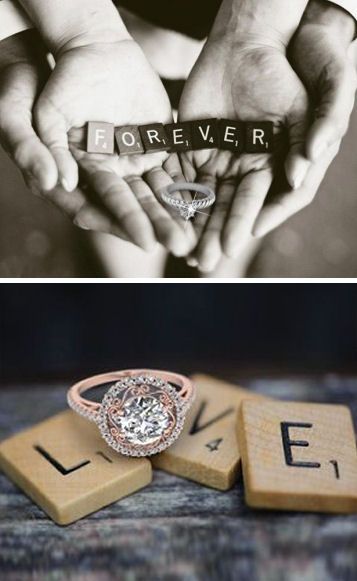 Pictures Of Wedding Rings, Just Engaged Ring Pictures, Wedding Picture Ideas Rings, Showing Engagement Ring Photo Ideas, How To Take Picture Of Engagement Ring, Scrabble Wedding Ideas, Ring Photoshoot Ideas, Pictures To Take When You Get Engaged, Wedding Scrabble