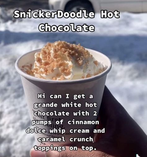 Secret Starbucks Recipes Hot Coffee, Hot Chocolate Starbucks Recipe, Snickerdoodle Hot Chocolate Starbucks, Starbucks White Hot Chocolate Order, Starbucks Hot Coffee Drinks Orders Sweet, Starbucks Hot Chocolate Order, Starbucks Recipes Hot Drinks, Starbucks Hot Drinks To Order, Hot Drinks From Starbucks