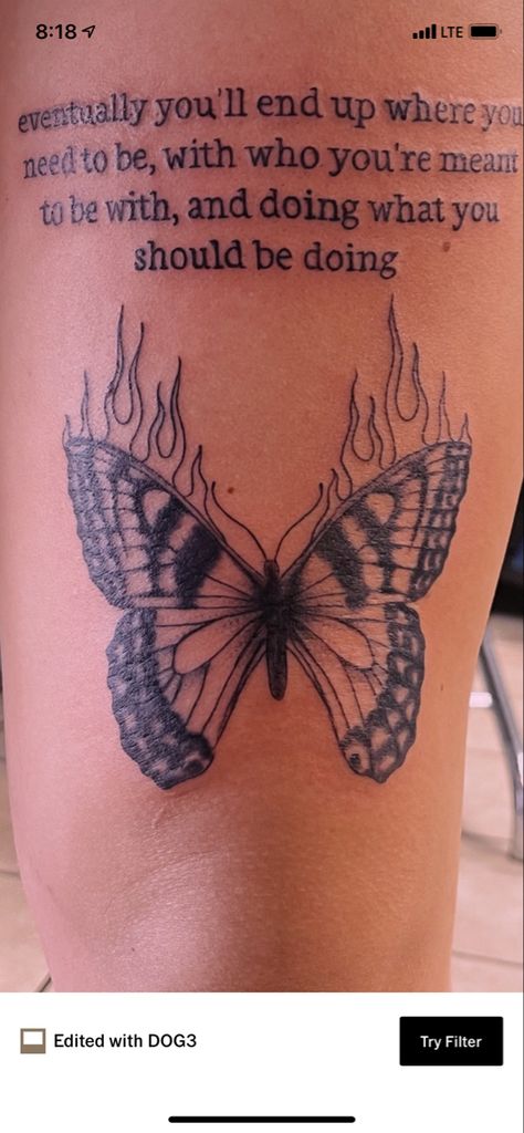 Female Front Thigh Tattoos, Butterfly Tattoo With Flames, Flame Leg Tattoo, Women Thigh Tattoos Ideas Meaningful, Flaming Butterfly Tattoo, Butterfly Flame Tattoo, Front Of Leg Tattoos Women, Front Leg Tattoo Women, Simple Leg Tattoos Women