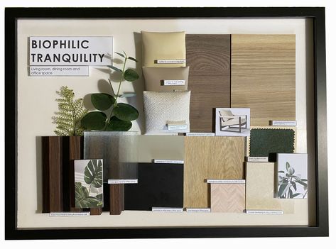 Biophilic Tranquility - Material Board on Behance Biophilic Design Mood Board, Biophilic Mood Board Interior Design, Biophilic Material Board, Biophilic Color Palette, Biophilic Materials, Sustainable Store, 80s House, Materials Board Interior Design, Mood Board Interior