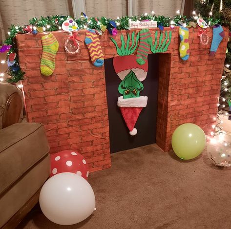 Grinch Theme Office Decorations, Grinch Fireplace Decor Diy, Whoville Post Office Decorations, Whoville Stage Design, Grinch Fireplace Diy, The Grinch School Hall Decorations, Grinch Library Display, Whoville Crafts For Kids, Who Vile Christmas Decor