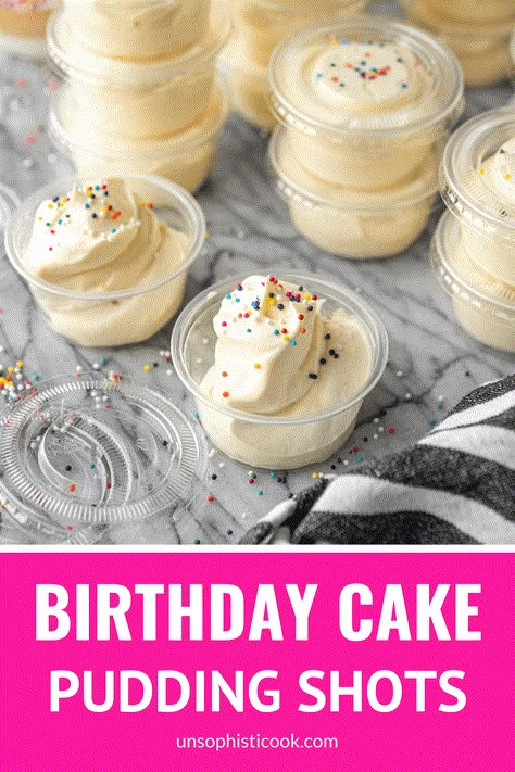 Funfetti Birthday Cake Pudding Shots -- These fun & colorful birthday cake pudding shots are heavenly little cups of alcohol-infused pudding that are sure to make your special day extra memorable! They're a cool & creamy adults-only treat that's ideal for celebrating a milestone birthday (or ANY birthday 21+). | pudding shots recipes | alcoholic pudding shots | vodka pudding shots | easy pudding shots | birthday cake shot | birthday shot | birthday jello shots | birthday shot ideas Cake Batter Pudding Shots, Birthday Pudding Shots, Easy Pudding Shots, Pudding Shots Recipes, Vodka Pudding Shots, Birthday Cake Pudding Shots Recipe, Birthday Cake Pudding Shots, Cake Pudding Shots, Birthday Cake Pudding