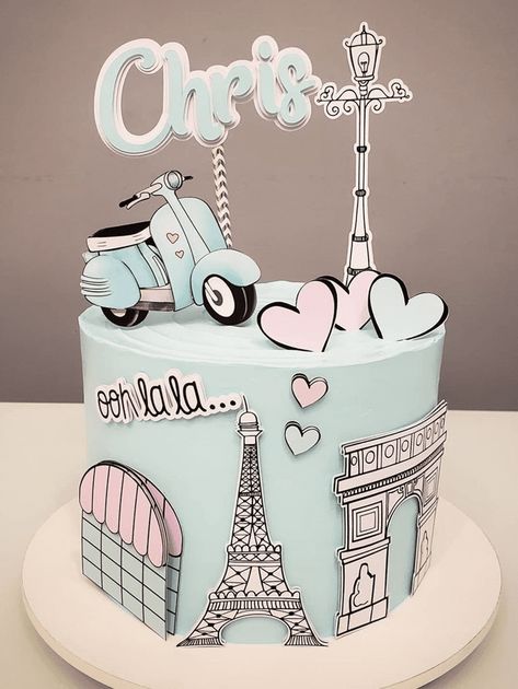 Paris Bday Cake, Paris Cake Design, Birthday Cake Paris Theme, Parisian Cake Ideas, Paris Cake Ideas Birthdays, Paris Cake Topper, Beautiful Cake Design Birthdays, Paris Cake Ideas, Travel Cake Ideas