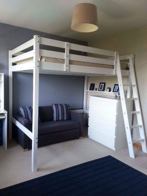 Stora loft bed Sofa Under Loft Bed, Full Size Bed With Loft, Loft Bed With Sofa Underneath, Loft Bed Adult Room, Ikea Storå Loft Bed Ideas, Dresser Under Loft Bed, Ikea Stora Loft Bed Ideas, Lifted Bed Ideas, Ikea Loft Bed Ideas For Teens