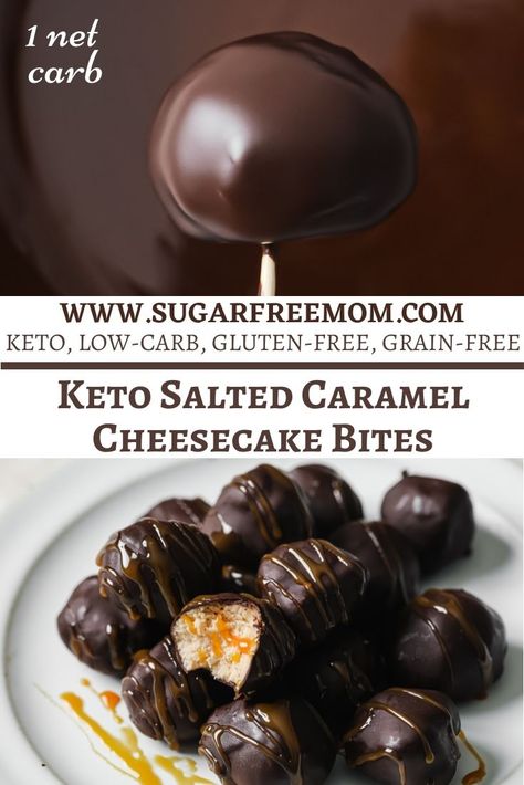 These easy keto salted caramel cheesecake bites are the perfect size for portion control and great for a party as a no utensils required keto dessert! Salted Caramel Cheesecake Bites, Keto Salted Caramel, Caramel Cheesecake Bites, Holiday Baking Cookies, Chocolate Cheesecake Bites, Caramel Bites, Salted Caramel Cheesecake, Low Glycemic Foods, Keto Candy