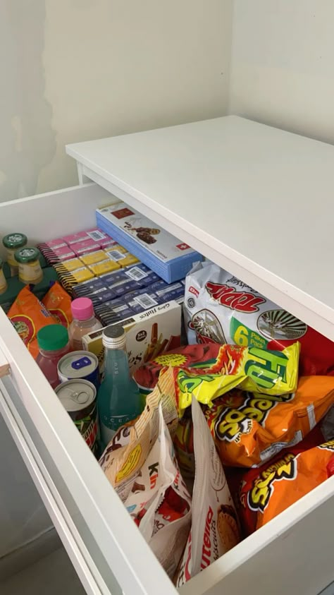 Snack Stash In Bedroom Ideas, Snack Drawer In Bedroom Ideas, Mini Fridge In Bedroom Aesthetic Snacks, Bedroom Snack Drawer, Work Snack Drawer, Bedroom Snack Station Aesthetic, Aesthetic Snack Drawer, Snack Drawer In Bedroom, Snack Drawer