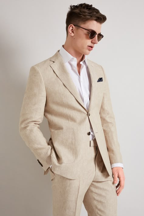 Hardy Amies Stone Linen Suit Jacket Tailored Fit Single Breasted Summer Blazer | eBay Beige Suits For Men, Linen Suits For Men, Summer Suits Men, Linen Wedding, Tan Suit, Dinner Suit, Beige Suits, Wedding Suits Groom, Linen Men