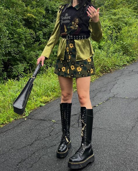 spring sprang sprung outfit details:✨ dress: thrifted @urbanoutfitters button up & belt: thrifted tshirt: @target boots: @drmartensusa @drmartensofficial @depop purse: @marshalls #altfashion #drmartensstyle #docmartens #whimsigoth Thrifted Maximalist Outfits, Funky Button Up Shirt Outfit, Thrifted Tshirt, Button Up Shirt Outfit Women, Button Up Shirt Outfit, Maximalist Outfits, Target Boots, Dr Martens Style, Fairycore Grunge