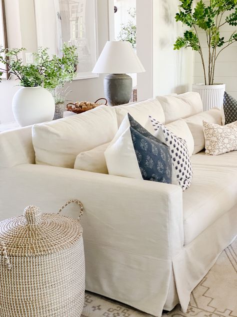 You can finally have a white sofa with kids! These covers are washable! You can even bleach them if needed! White Sofa Cover, Best Slipcovered Sofa, White Slipcover Sofa Living Room Ideas, Slip Cover Sofa Living Room, White Sofa Slipcover, Sofa With Kids, Rancher Remodel, Slipcovered Sofa Living Room, Coastal Modern Living Room