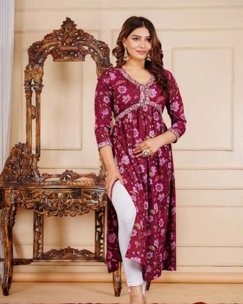 PRICE- ₹579/-FREE SHIP/ CASH ON DELIVERY ✅ Catalog Name: *Aliya Cut Kurti Wine With Embroidery* Aliya Cut Kurta beautiful Aliya Cut kurti with Embroidery which is made from Rayon fabric with beautiful print all over.This kurta has been designed keeping in mind the latest trends in contemporary casual fashion. The dress combines ethnic with the fashion of today and makes you stand out among others when you adorn it. #instagram #kurties #amazingfashion #outfitoftheday #trendyfashion #aliya... Aaliyah Cut Kurti Design, Aliya Cut Dress Design, Alia Cut Kurti Pattern, Alia Cut Kurti, Alia Cut, Onam Outfits, Kurti Patterns, Kurti Designs Latest, Fashion Vocabulary